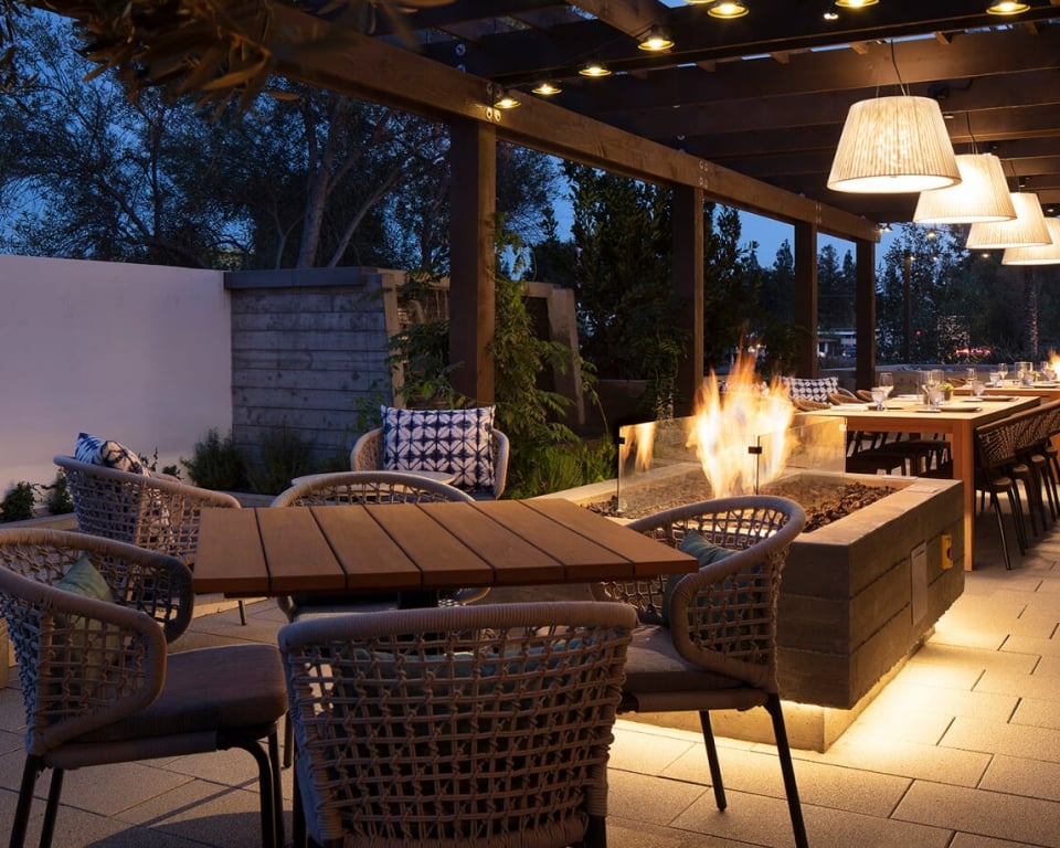 The outdoor seating and fire pit at Wit and Wisdom