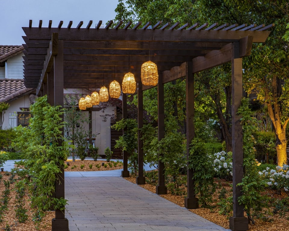 Pool walkway with lanterns