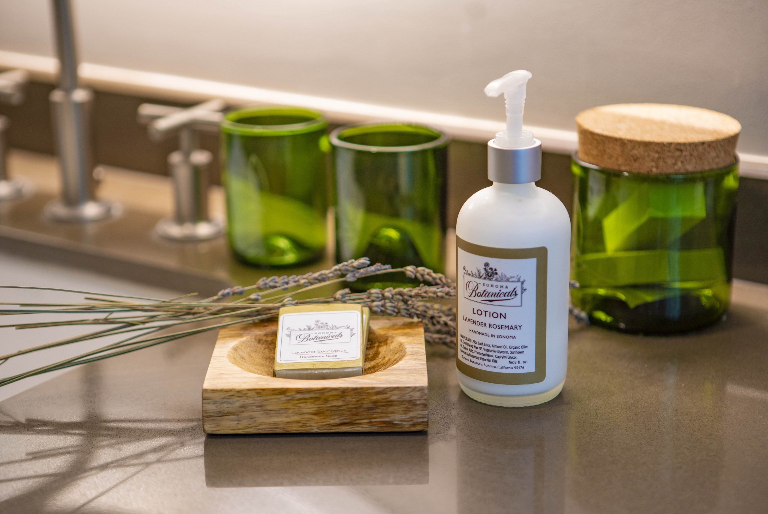 Bathroom products on the counter.