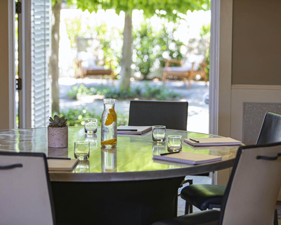 Circular table prepared for business meeting
