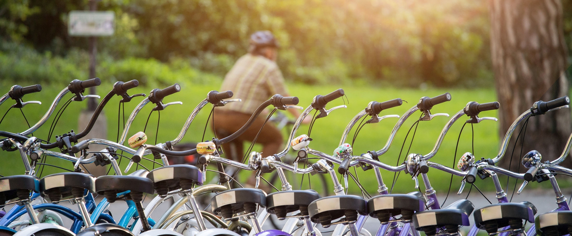 Row of bikes in rental agency, city mobility