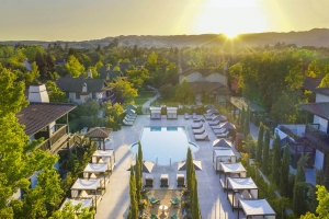 Aerial view of the outdoor hotel pool DRONE shot