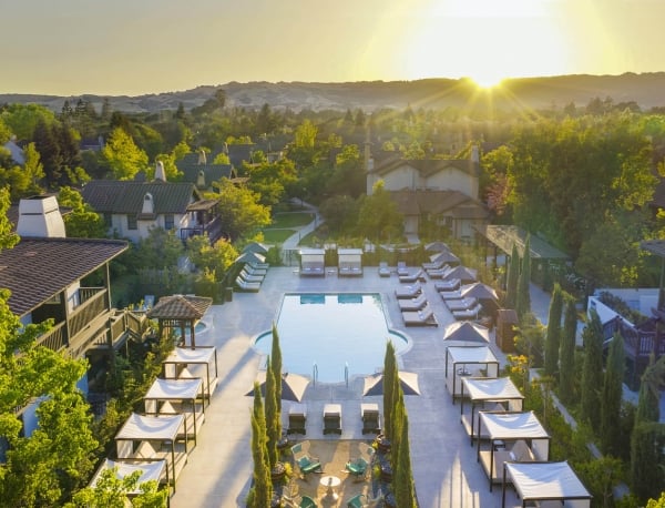 Aerial view of the outdoor hotel pool DRONE shot