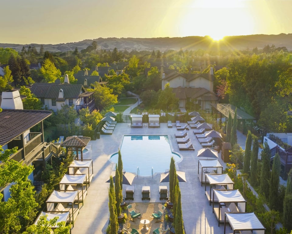 Aerial view of the outdoor hotel pool DRONE shot