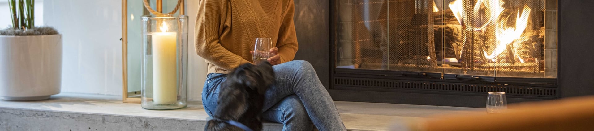Girl and Dog at Lobby Fireplace