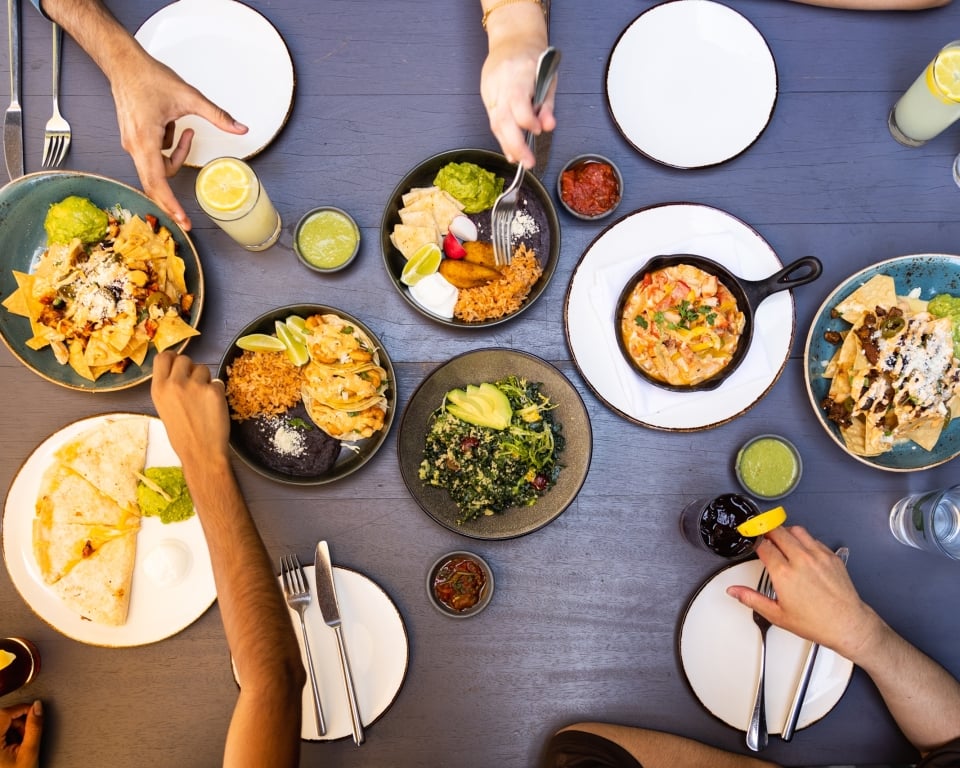 Overhead view of Mexican meals