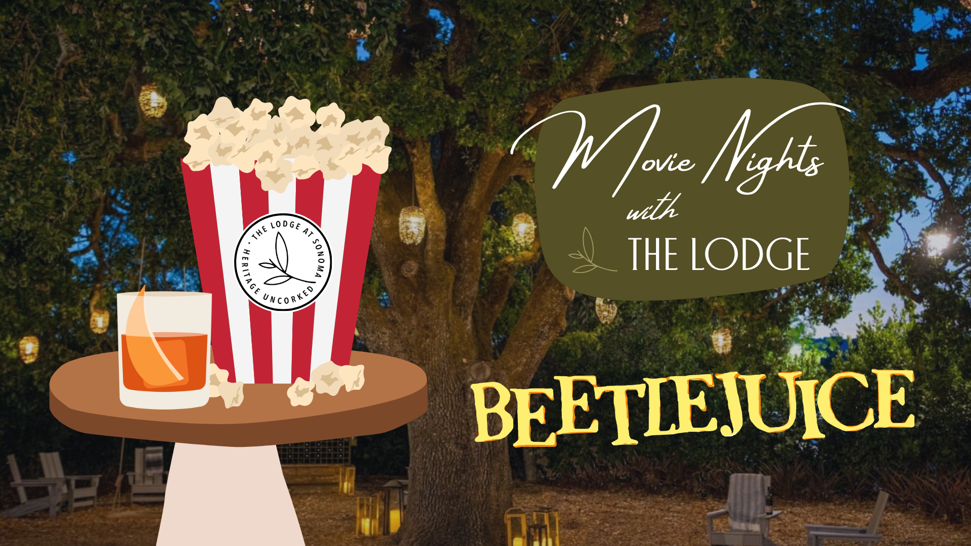 promotional graphic for a movie night at The Lodge with popcorn, a drink, and ambient fairy lights under trees