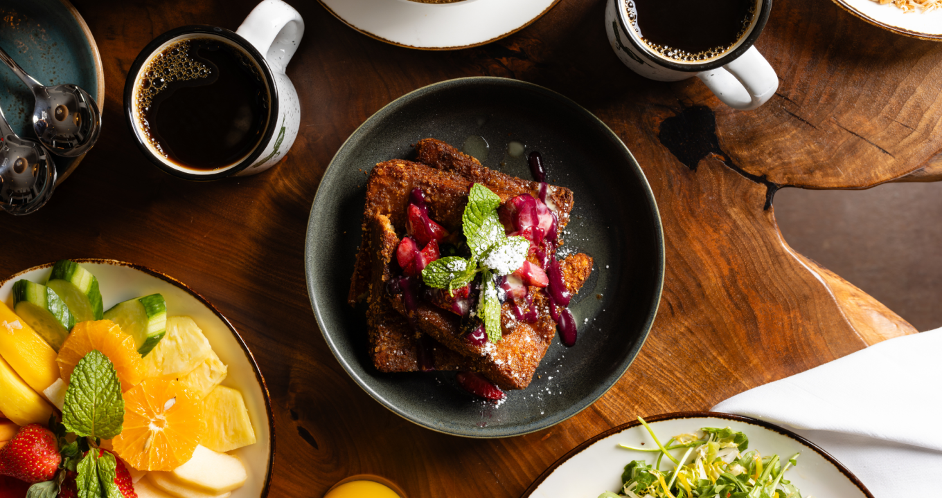 Benicia's Kitchen top-down angle of French Toast and coffee.
