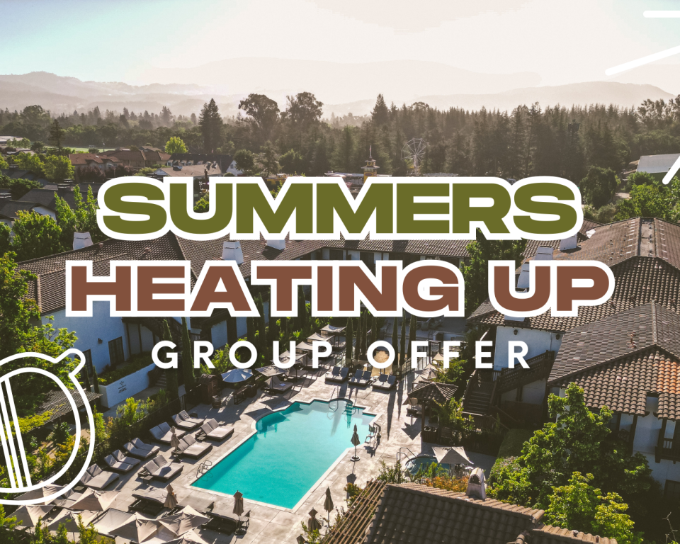 Promotional banner for Summers Heating Up group offer, showing an aerial view of a resort with a pool and surrounding houses.