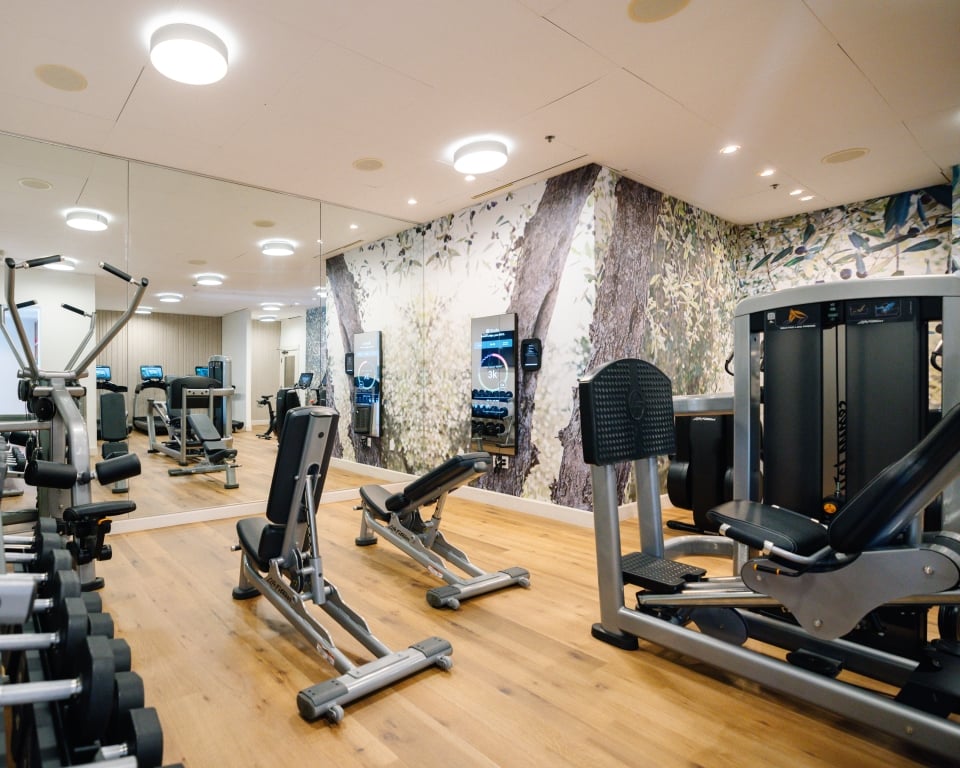 Indoor gym with cardio machines (treadmills and ellipticals) on a wooden floor and a tree mural along the wall.